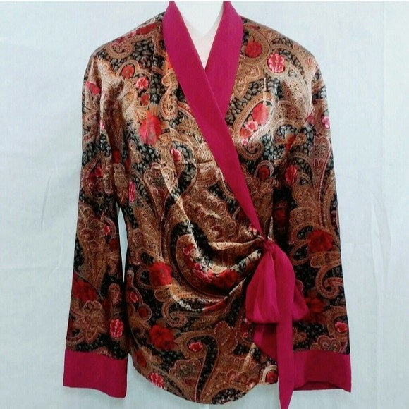 Vtg Victoria’s Secret Gold Label Satin Paisley Mini Kimono Robe L Elegant Luxe - Picture 2 of 6